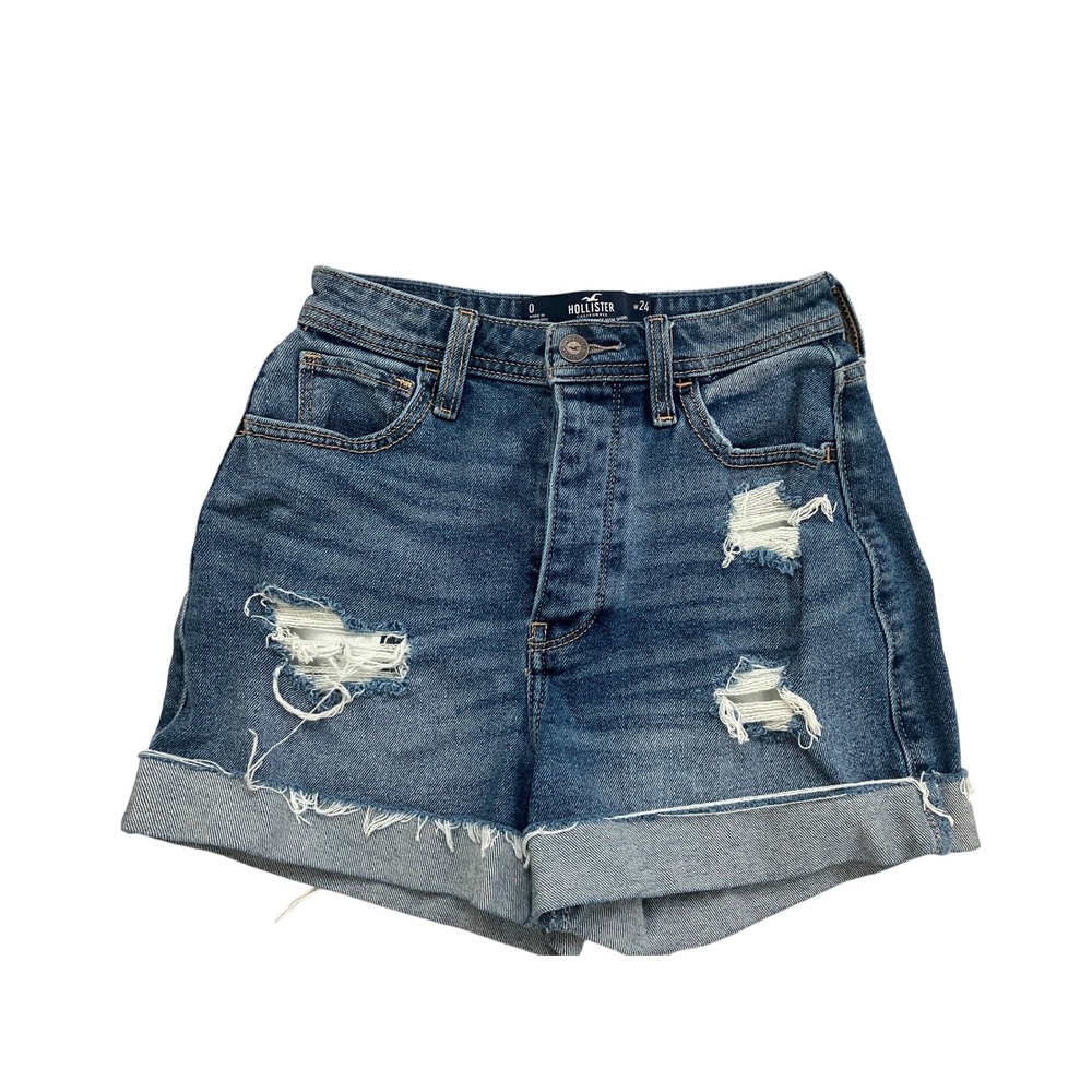 Hollister Curvy Ultra High-Rise Mom Shorts Blue‎ Distressed Denim Size 0 W24